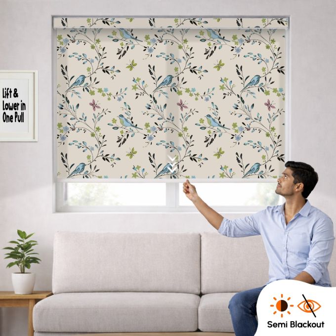 Hippo Semi Blackout Printed One Touch Cordless Indoor Roller Blind (Polyester)