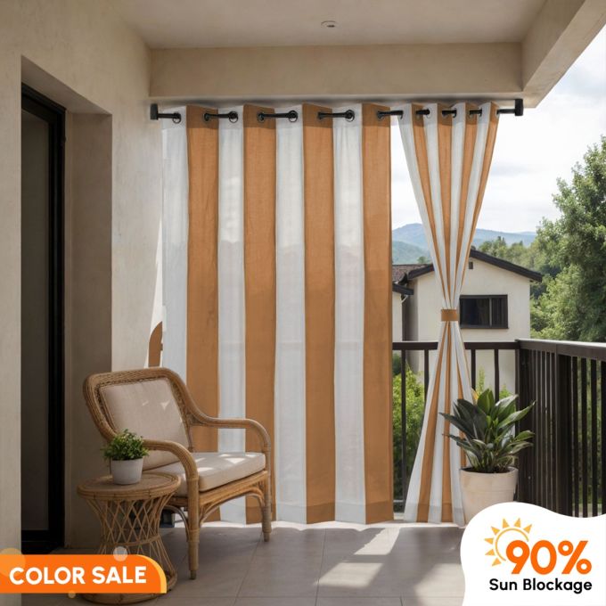  Beige White Color on Sale - Hippo 90% Sun Block Stripe Outdoor Curtain (HDPE)